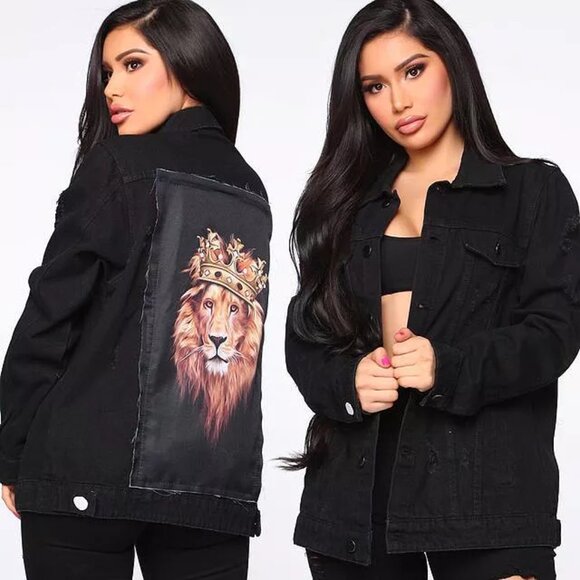 NWT Fashion Nova Distressed Black Denim Jacket W/King Lion Graphic On Back  1X - Picture 1 of 4